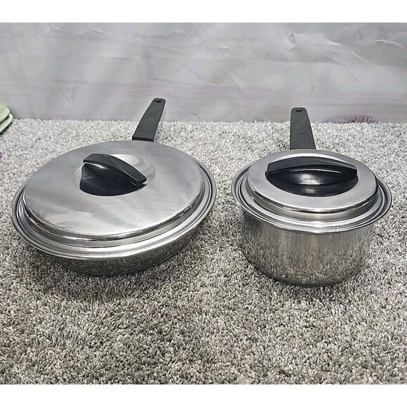 Vintage Flint Ware By Ekco 1 Qt Stainless Steel Sauce Pan With Lid And Skillet - Picture 2 of 16